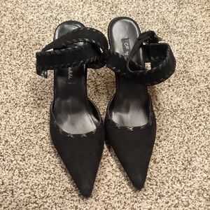 CF By Falchi Black Leather Ankle Wrap Heels